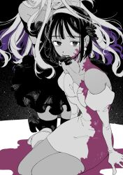 Rule 34 | 2girls, absurdres, alien stage, black dress, blood, blood on clothes, blood on face, blood on ground, blood on neck, bob cut, closed mouth, dress, earrings, gloves, grin, hairband, hand on another&#039;s face, hand on another&#039;s head, head out of frame, highres, jewelry, juliet sleeves, kneeling, kome uo, long hair, long sleeves, looking at viewer, mizi (alien stage), multiple girls, off-shoulder dress, off shoulder, pencil dress, puffy sleeves, purple hair, short hair, sitting, smile, spot color, star (sky), sua (alien stage), very short hair, white dress, yokozuwari