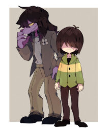 Rule 34 | 1girl, 1other, black hair, black shoes, border, brown background, brown hair, brown jacket, brown pants, closed mouth, colored sclera, commentary request, deltarune, expressionless, facing viewer, fang, fang out, full body, green hoodie, grey shirt, hair between eyes, hair over eyes, hand up, highres, hood, hood down, hoodie, jacket, kris (deltarune), long hair, long sleeves, monster girl, nikorashi-ka, open clothes, open jacket, outside border, pants, shirt, shoes, short hair, simple background, standing, striped clothes, striped hoodie, susie (deltarune), white border, yellow sclera