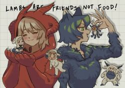 &gt;_&lt; 118ween 3boys 3girls :3 alternate_eye_color angry animal_costume animal_ears beard black_bow black_bowtie black_eyes black_fur black_hair blonde_hair blush bow bowtie brown_hair cat_ears cat_girl chilchuck_tims claws clenched_teeth closed_eyes commentary dragon_costume dragon_horns dungeon_meshi dwarf english_commentary english_text facial_hair falin_touden fang fur-trimmed_hood fur_trim green_eyes grid_background halfling hood hoodie horns izutsumi laios_touden lifting_person light_brown_hair long_beard looking_back marcille_donato medium_hair mini_person miniboy minigirl multiple_boys multiple_girls mustache open_mouth red_hoodie senshi_(dungeon_meshi) sheep_costume sheep_horns short_hair signature smile sweat tail tail_wagging teeth white_background white_fur yellow_eyes
