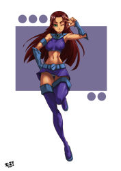 1girl alien armlet belt boots bracer breasts cartoon_network crop_top dc_comics female_focus gorget green_eyes highres irving-zero jewelry large_breasts long_hair microskirt midriff narrow_waist navel panties pantyshot purple_skirt purple_thighhighs red_hair skirt solo starfire tan teen_titans thigh_boots thighhighs toned toned_female underwear upskirt v v_over_eye vambraces
