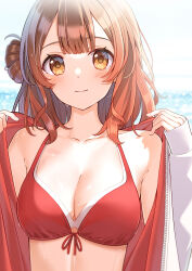 1girl :&gt; bare_shoulders bikini blush breasts brown_eyes brown_hair cleavage closed_mouth collarbone day front-tie_bikini_top front-tie_top gakuen_idolmaster hair_bun hanami_ume hands_up highres huyunora idolmaster jacket large_breasts layered_bikini looking_at_viewer multicolored_jacket open_clothes open_jacket opened_by_self outdoors red_bikini red_jacket short_hair side_up_bun single_hair_bun single_side_bun sleeves_past_wrists solo swimsuit two-tone_jacket upper_body wet wet_face wet_hair white_jacket