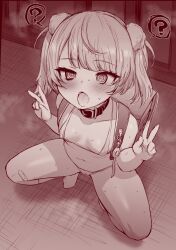 1girl ? @_@ backpack bag bandaid bandaid_on_leg bdsm belt_collar bikini blush breasts collar double_v greyscale hair_ornament highres indie_virtual_youtuber loli looking_at_viewer m-da_s-tarou micro_bikini monochrome open_mouth pom_pom_(clothes) pom_pom_hair_ornament randoseru shigure_ui_(vtuber) shigure_ui_(vtuber)_(young) short_hair slave small_breasts socks solo spoken_question_mark spread_legs squatting swimsuit tongue tongue_out twintails v virtual_youtuber