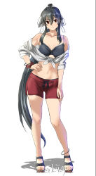 1girl bikini black_bikini black_hair brown_eyes cosplay hair_between_eyes hair_ribbon highres kantai_collection long_hair looking_at_viewer navel noshiro_(kancolle) noshiro_(kancolle)_(cosplay) noshiro_(swimsuit)_(kancolle) ponytail red_scrunchie red_shorts ribbon sandals scrunchie seitei_(04seitei) shirt short_shorts shorts sidelocks smile solo standing swimsuit tied_shirt very_long_hair white_ribbon wrist_scrunchie yahagi_(kancolle)