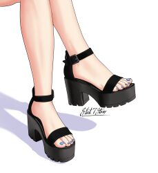 1girl absurdres artist_name black_sandals blue_nails commentary crossed_legs english_commentary feet feet_only foot_focus high_heel_sandals highres nail_polish original platform_sandals sandals shadow silent7stars simple_background solo strappy_heels toenail_polish toenails toes white_background