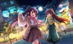 2girls amane_tsukasa amane_tsukasa_(winter_costume) amane_tsukuyo amane_tsukuyo_(winter_costume) artist_request bag belt belt_buckle black_belt black_bow black_ribbon black_socks blazer boots bow brown_boots brown_coat brown_hair brown_skirt buckle building buttons center_frills cityscape closed_mouth cloud coat collared_shirt dot_nose feet_out_of_frame floating_clothes floating_hair floral_print frilled_skirt frilled_sleeves frills fringe_trim full_moon game_cg gold_buckle green_jacket green_skirt grocery_bag hair_between_eyes hair_bow high-waist_skirt highres holding holding_bag holding_hands jacket knee_boots kneehighs knees leg_up light_blush light_particles long_hair long_skirt long_sleeves looking_at_another magia_record:_mahou_shoujo_madoka_magica_gaiden mahou_shoujo_madoka_magica mahou_shoujo_madoka_magica_magia_exedra miniskirt moon multiple_girls neck_ribbon night night_sky official_art open_clothes open_coat open_mouth outdoors pink_bow pink_eyes pink_scarf plaid_bow plaid_clothes plaid_scarf plaid_skirt pleated_skirt puffy_long_sleeves puffy_sleeves ribbon road running scarf shirt shopping_bag siblings sisters skirt sky skyscraper sleeves_past_wrists smile socks split_ponytail street tareme third-party_source tree twins very_long_hair white_shirt wind winter_clothes winter_coat yellow_scarf