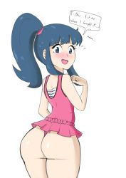 1girl alternate_hairstyle ass bare_legs blue_eyes blue_hair dawn_(pokemon) embarrassed english_text high_ponytail highleg highleg_one-piece_swimsuit highres huge_ass long_hair looking_at_viewer looking_back nintendo one-piece_swimsuit open_mouth pink_one-piece_swimsuit pokemon pokemon:_arceus_and_the_jewel_of_life pokemon_(anime) pokemon_dppt_(anime) ponytail protoscene shiny_skin skindentation sleeveless smile solo swimsuit wide_hips