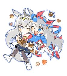 2girls ahoge animal_ears arms_around_neck black_pantyhose blue_eyes blue_jacket blue_outline blue_shoes blue_skirt blush_stickers boots cheek-to-cheek chibi closed_mouth fang fingerless_gloves food full_body gloves grey_hair hair_ornament hairband heads_together horse_ears horse_girl horse_tail hug jacket long_hair long_sleeves multiple_girls oguri_cap_(umamusume) one_eye_closed open_clothes open_jacket open_mouth outline pants pantyhose shoes simple_background skirt tail takoyaki tamamo_cross_(umamusume) toothpick umamusume white_background white_boots white_gloves white_jacket white_pants yangmal_(uma_red_sheep)
