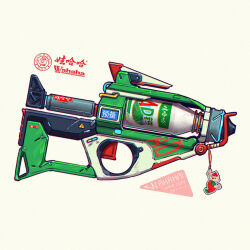 artist_name bottle charm_(object) chinese_text chromatic_aberration dated english_text gun handgun iwse_zhang logo mixed-language_text no_humans original sign signature simple_background still_life translation_request wahaha_(brand) warning_sign weapon weapon_focus white_background