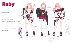 1girl absurdres alternate_costume belt black_jacket black_shorts blunt_bangs collar crop_top english_text fishnet_leggings full_body halterneck high_ponytail highres jacket leggings looking_at_viewer multicolored_jacket multiple_views original pink_eyes pink_hair ponytail red_skirt reference_sheet shorts skirt smile stomach twintails two-tone_jacket white_jacket white_leggings yoimon