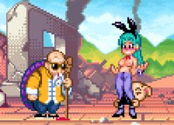 1girl 2boys animal animal_ears assisted_exposure bald beard black_footwear black_leotard blood blue_hair blue_pants blush bow bowtie breasts bulma bunny_day cane clothes_theft cloud destruction detached_collar dragon_ball dragon_ball_(classic) embarrassed facial_hair fake_animal_ears high_heels large_breasts leotard leotard_pull long_hair mountain multiple_boys muten_roushi nipples nosebleed old old_man oolong pants pantyhose pig pixel_art playboy_bunny purple_pantyhose rabbit_ears red_bow red_bowtie saiwai_hiroshi shirt shoes sky smoke sunglasses theft topless_female turtle_shell undressing_another wrist_cuffs yellow_shirt