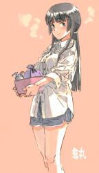 Rule 34 | 1girl, alternate hairstyle, black hair, blue eyes, blue shorts, blush, breasts, closed mouth, collared shirt, commentary request, highres, holding, kantai collection, long hair, looking at viewer, medium breasts, myoukou (kancolle), pink background, shirt, short shorts, shorts, simple background, solo, steam, suzumaru, white shirt
