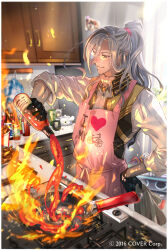 apron ascot black_gloves bottle brown_eyes cabinet closed_mouth clothes_writing commentary_request cooking fire frying_pan glasses gloves grey_hair hand_on_own_hip high_ponytail holding holding_bottle holostars holostars_english i_heart... indoors kitchen long_hair loosely_tucked_bangs male_focus noir_vesper noir_vesper_(old_design) partial_commentary pink_apron ponytail sleeves_rolled_up spilling stove t_k_g vest virtual_youtuber white_ascot