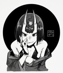 bad_link black_hair black_kimono bra breasts demon_horns fate/grand_order fate_(series) highres horns japanese_clothes katsutacle kimono licking_lips open_clothes open_kimono shuten_douji_(fate) simple_background small_breasts solo solo_focus tongue tongue_out underwear