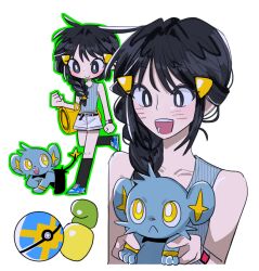 Rule 34 | 1girl, 1other, :&lt;, alternate costume, alternate hairstyle, bag, belt, black belt, black eyes, black garter belt, black hair, blue shirt, blue shoes, blush, closed mouth, dawn (pokemon), dnlsel59, facial mark, fangs, garter belt, gen 4 pokemon, hair ornament, hairclip, holding, kneehighs, long hair, multiple views, nintendo, open mouth, poke ball, pokemon, pokemon (creature), pokemon dppt, poketch, quick ball, shinx, shirt, shoes, shorts, simple background, smile, socks, star (symbol), tail, tank top, teeth, walking, watch, whisker markings, white background, white shorts, wristwatch, yellow bag, yellow eyes