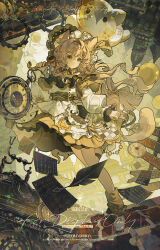 1girl absurdres animal_ears blonde_hair clock closed_mouth commission english_text full_body gears highres long_hair long_sleeves neck_ribbon original puffy_long_sleeves puffy_sleeves ribbon shirt smile solo standing standing_on_one_leg watermark white_shirt yan_zi_yao_yu yellow_ribbon