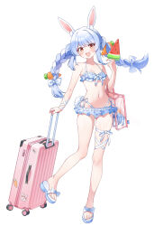 1girl absurdres animal_ear_fluff animal_ears bare_shoulders bikini blue_hair blush bow braid breasts carrot carrot_hair_ornament feet food food-themed_hair_ornament full_body hair_bow hair_ornament highres hololive long_hair looking_at_viewer multicolored_hair navel open_mouth popsicle rabbit_ears rabbit_girl rolling_suitcase sandals short_eyebrows simple_background small_breasts smile solo ssalyun standing suitcase swimsuit thick_eyebrows twin_braids twintails two-tone_hair usada_pekora virtual_youtuber watermelon_bar white_background