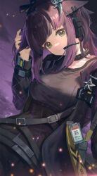 1girl absurdres animal_ears arknights black_collar black_hair black_jacket black_shirt blunt_bangs breasts cat_ears closed_mouth collar cowboy_shot crying_cat_(meme) green_eyes hand_in_own_hair headset highres id_card jacket jessica_(arknights) jessica_the_liberated_(arknights) kivb long_hair long_sleeves looking_at_viewer meme multicolored_hair open_clothes open_jacket purple_hair shirt sidelocks solo