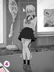 1girl @_@ arms_behind_back bag commentary_request controller greyscale highres holding holding_bag implied_vibrator kakuremino7928 large_variant_set long_hair miniskirt monochrome open_mouth original outdoors paid_reward_available pleated_skirt pussy_juice remote_control remote_control_vibrator sailor_collar sailor_shirt school_uniform serafuku sex_toy shirt shoes skirt socks solo standing tearing_up trembling variant_set vibrator wireless_sex_toy_controller