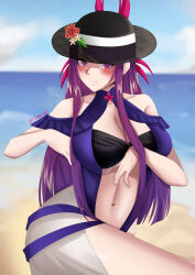 1girl absurdres bare_shoulders black_hat blush breasts casual_one-piece_swimsuit cleavage clothing_cutout dress_swimsuit embarrassed fire_emblem fire_emblem_engage fire_emblem_heroes flower hat hat_flower highres iskandariis ivy_(fire_emblem) ivy_(summer)_(fire_emblem) large_breasts long_hair looking_at_viewer nintendo official_alternate_costume one-piece_swimsuit purple_eyes purple_hair see-through_clothes see-through_headwear solo stomach_cutout swimsuit