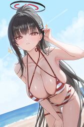 1girl absurdres armpits bare_shoulders beach bikini black_hair blue_archive blue_sky breasts bright_pupils cleavage cloud commentary dutch_angle hair_behind_ear hair_ornament hairclip hairpin halo halterneck high_ponytail highleg highleg_bikini highres large_breasts leaning_forward long_hair looking_at_viewer multicolored_halo navel outdoors parted_lips ponytail red_eyes ringed_eyes rio_(blue_archive) shore sidelocks sky solo striped_bikini striped_clothes swimsuit symbol-only_commentary thigh_strap two-tone_halo very_long_hair water white_pupils yamu_(yamu_030)