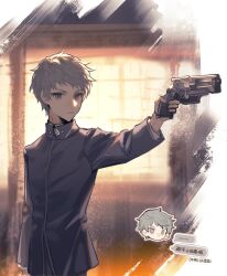 1boy aiming arm_up black_jacket chinese_text closed_mouth cowboy_shot grey_eyes grey_hair gun handgun highres holding holding_gun holding_weapon illowine indoors jacket juusan_kihei_bouei_ken long_sleeves sekigahara_ei solo speech_bubble translation_request weapon window