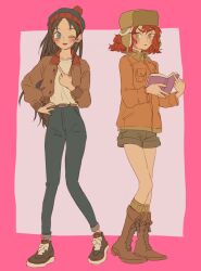 Rule 34 | 2girls, animification, beanie, belt, black hair, blue eyes, book, boots, border, commentary request, denim, full body, fur hat, genderswap, genderswap (mtf), green eyes, hand on own hip, hat, holding, holding book, jacket, jeans, kyle broflovski, long hair, long sleeves, middle finger, multiple girls, one eye closed, open clothes, open jacket, orange hair, pants, pink border, pom pom (clothes), pom pom beanie, shoes, short hair, shorts, sneakers, south park, stan marsh, syu (no1zerg), tongue, tongue out, ushanka