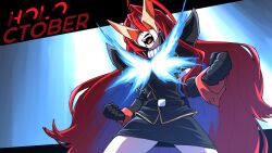 1girl ahoge belt black_belt black_gloves black_jacket black_skirt blue_fire clenched_hands cosplay elizabeth_rose_bloodflame fire gloves highres hololive hololive_english jacket kamina_shades long_hair oruruca86 over_justice over_justice_(cosplay) red_hair skirt uchuu_patrol_luluco very_long_hair virtual_youtuber
