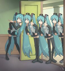 Rule 34 | 4girls, aqua eyes, aqua hair, aqua necktie, artist logo, artist name, black boots, black skirt, black sleeves, boots, clenched hand, clenched hands, clone, closed mouth, collared shirt, commentary, dated, derivative work, detached sleeves, digiral, doorway, english commentary, grey shirt, hair ornament, hand on own hip, hatsune miku, headphones, indoors, leaning forward, leaning to the side, logo, long hair, long sleeves, looking to the side, miniskirt, multiple girls, necktie, number tattoo, one eye closed, open door, parody, pleated skirt, pointing, redrawn, scene reference, shirt, skirt, sleeveless, sleeveless shirt, standing, tattoo, thigh boots, thighhighs, tom and jerry, twintails, twitter username, v-shaped eyebrows, very long hair, vocaloid, watermark, wavy mouth, wide sleeves, zettai ryouiki