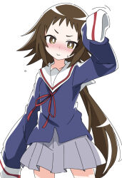 Rule 34 | 1girl, blush, brown hair, female focus, grey skirt, ixy, long hair, long sleeves, mikakunin de shinkoukei, mitsumine mashiro, ponytail, school uniform, skirt, sleeves past fingers, sleeves past wrists, solo, yellow eyes