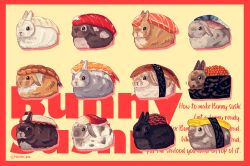animal animal_focus artist_name black_eyes border closed_mouth english_text fish_(food) food food_focus highres honto_pic makizushi no_humans object_on_head original rabbit red_border shrimp sushi twitter_username yellow_background
