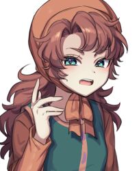 1girl aqua_eyes bonnet commentary_request curly_hair dragon_quest dragon_quest_vii dress green_tabard haniwa_(8241427) highres long_hair long_sleeves looking_to_the_side maribel_(dq7) open_mouth orange_dress orange_hair solo tabard upper_body white_background yellow_bonnet