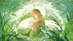 1girl absurdres angel_wings bare_arms blurry boots brown_hair character_name closed_mouth clover day depth_of_field dot_nose eyelashes feathered_wings foliage forest four-leaf_clover full_body grass grey_boots grey_eyes grey_skirt hair_behind_ear hair_between_eyes hair_ornament hanasato_minori hand_on_own_arm hand_on_own_leg happy_birthday head_tilt heart heart_hair_ornament highres holding holding_clover hugging_own_legs knee_boots knees_up lace-up_boots lapels leaf legs_together light_blush light_particles light_smile looking_at_viewer nature notched_lapels official_alternate_costume official_alternate_hair_ornament on_ground outdoors plaid_clothes plaid_skirt pleated_skirt project_sekai qunqingyue rock shirt short_hair sidelighting simple_background sitting skirt socks solo sunlight swept_bangs tareme todoke!_hopeful_stage_(project_sekai) tree vest wavy_hair white_background white_shirt white_socks white_vest white_wings wing_hair_ornament winged_boots wings