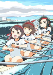 4girls ahoge black_hair blue_buruma blue_sky blunt_bangs blush boat braid brown_eyes brown_hair buruma canoe cloud cloudy_sky double_bun forehead fujinami_(kancolle) green_hair gym_shirt gym_uniform hair_bun hair_ornament hair_over_eyes hair_ribbon hairclip hamanami_(kancolle) highres holding holding_oar kantai_collection kishinami_(kancolle) long_hair makinami_(kancolle) multicolored_hair multiple_girls name_tag oar open_mouth outdoors port ribbon rowboat rowing shirt short_hair short_sleeves single_braid sky toplow water watercraft wavy_hair