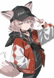 1girl animal_ears aqua_eyes arknights arm_up black_choker black_hat black_hoodie black_nails black_pantyhose braid brown_hair choker chromatic_aberration closed_mouth clothes_writing collarbone commentary_request cowboy_shot cross death_unagi drawstring ears_through_headwear fingernails greek_cross hand_in_pocket hat highres hood hood_down hoodie jacket light_smile long_sleeves looking_at_viewer nail_polish official_alternate_costume orange_jacket pantyhose peaked_cap short_hair solo standing sussurro_(arknights) sussurro_(travel_freely)_(arknights) tail w white_sleeves