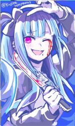 1girl amemiya_darumi arm_up black_hair blood bloody_tears blue_background blue_hair blush ear_piercing earrings face_piercing hand_up holding holding_knife holding_weapon jewelry knife lip_piercing looking_at_viewer mei_guchuan multicolored_hair one_eye_closed open_mouth piercing pink_eyes simple_background the_hundred_line_-last_defense_academy- tongue upper_body v weapon