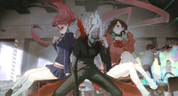 1boy alternate_form asymmetrical_mask ayase_momo bow brown_hair choker colored_skin dandadan earrings gakuran glasses grey_skin hair_between_eyes half_mask highres jewelry mask mouth_mask pink_hair pink_sweater red_eyes round_eyewear school_uniform serpo_(dandadan) shiratori_aira_(dandadan) short_hair skirt sweater takakura_ken_(dandadan) takakura_ken_(transformed)_(dandadan) tall_hair thighs transformation vafar7 white_hair