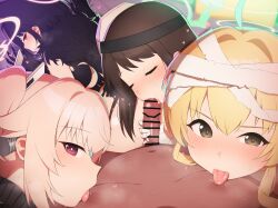 Rule 34 | 1boy, 4girls, after-school sweets club (blue archive), airi (blue archive), airi (halloween) (blue archive), bandage on hair, bar censor, black eyes, black hair, blonde hair, blue archive, brown hair, censored, commentary request, cooperative nipple licking, fellatio, green halo, group sex, halo, harem, highres, hockey mask, kazusa (blue archive), kazusa (halloween) (blue archive), kunugi miyaco, licking, licking nipple, long hair, looking at viewer, mask, mask on head, multiple girls, natsu (blue archive), natsu (halloween) (blue archive), nipple stimulation, object through head, official alternate costume, oral, penis, pink hair, red eyes, screw in head, yoshimi (blue archive), yoshimi (halloween) (blue archive)