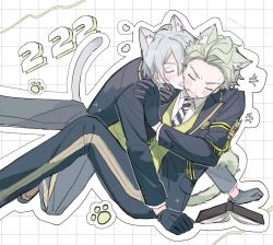 2boys anger_vein animal_ear_fluff animal_ears arm_support bangs_pinned_back black_gloves black_jacket black_necktie black_pants blush book cat_boy cat_day cat_ears cat_tail closed_eyes collared_shirt commentary_request dated diagonal-striped_clothes diagonal-striped_necktie embarrassed feet_out_of_frame gloves green_hair green_vest grey_hair grid_background jacket licking licking_another&#039;s_cheek licking_another&#039;s_face male_focus multiple_boys necktie night_raven_college_uniform open_book open_mouth outline pants pawpads salttt_twst sebek_zigvolt shirt short_hair silver_vanrouge simple_background striped_clothes tail twisted_wonderland vest white_background white_necktie yaoi