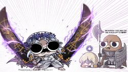 2girls angry armor bird_boy blindfold blonde_hair chibi dress duchess_(elden_ring) elden_ring elden_ring_nightreign guardian_(elden_ring) highres holding holding_weapon long_hair miyan_(oceanmaiden) multiple_girls revenant_(elden_ring) simple_background sword weapon white_hair