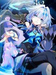 Rule 34 | 1girl, blue eyes, cerydra (honkai: star rail), chess piece, commentary request, crown, detached sleeves, grey hair, hair intakes, highres, honkai: star rail, honkai (series), knight (chess), long sleeves, looking at viewer, mini crown, puffy sleeves, ronigs, single thighhigh, sitting, solo, thighhighs, throne