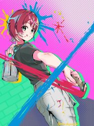 1girl colored_inner_hair highres idolmaster idolmaster_va-liv multicolored_hair mushipaso88 paint red_hair short_hair short_sleeves tomori_manaka two-tone_hair virtual_youtuber