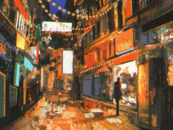 1other black_coat blue_sky city coat display dkaism entrance fairy_lights full_body night original painterly shadow sign sky solo standing string_lights window_shopping