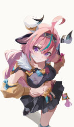1569847238 1girl absurdres animal_ears black_tank_top braid breasts closed_mouth commentary cow_ears cow_girl from_above genshin_impact highres medium_breasts navel pink_hair purple_eyes simple_background solo tank_top twin_braids varesa_(genshin_impact) white_background