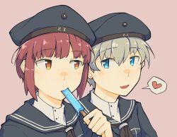 2girls black_hat black_sailor_collar black_shirt blue_eyes blush brown_eyes commentary_request food food_in_mouth grey_hair hat heart highres holding holding_food holding_popsicle kantai_collection kokuya_(kokuya28) looking_at_another looking_to_the_side military_hat multiple_girls open_mouth orange_eyes pink_background popsicle popsicle_in_mouth red_hair sailor_collar shirt short_hair simple_background spoken_heart upper_body z1_leberecht_maass_(kancolle) z3_max_schultz_(kancolle)