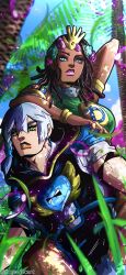 1boy 1girl absurdres aqua_flower arm_tattoo armlet belt blue_belt blue_eyes bracelet braid breasts brooch brother_and_sister brown_hair bubble commentary dark-skinned_female dark_skin dragona_joestar dreadlocks earrings english_commentary flower flower_wreath green_eyes green_shirt grey_hair grey_sleeves hair_flower hair_ornament heart_ornament highres hood hood_down jewelry jodio_joestar jojo_no_kimyou_na_bouken looking_at_viewer makeup medium_breasts multicolored_hair noonvincent orange_lips outdoors palmtree_panic parted_lips pink_lips purple_flower shirt short_sleeves siblings side_braid single_braid sleeveless sleeveless_shirt tattoo teeth the_jojolands tree two-tone_hair very_dark_skin wing_ornament