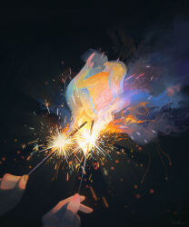 1boy 1girl absurdres black_background blurry bokeh depth_of_field fingernails fireworks hand_focus highres holding holding_fireworks light_particles morncolour nail_polish object_focus original out_of_frame pink_nails signature simple_background smoke smoke_trail sparkler sparks