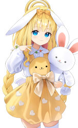 1girl :3 absurdres amatsuka_kayano animal_ears blonde_hair blue_eyes bow bow_skirt braid brooch collared_shirt colored_inner_hair cowboy_shot dango dango_brooch food hair_bow hair_ornament halo hashtag-only_commentary heart heart_print highres holding holding_stuffed_toy indie_virtual_youtuber jewelry light_blush long_hair long_sleeves looking_at_viewer lop_rabbit_ears low_twin_braids meettheton mini_wings multicolored_hair pink_hair pom_pom_(clothes) pom_pom_hair_ornament puffy_long_sleeves puffy_sleeves rabbit_ears round_collar shirt shirt_tucked_in simple_background skirt solo stuffed_animal stuffed_rabbit stuffed_toy suspender_skirt suspenders thighhighs twin_braids wagashi white_background white_shirt white_thighhighs wings yellow_bow yellow_halo yellow_skirt zettai_ryouiki
