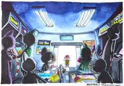 5boys akahanadragon arcade baseball_bat baseball_cap bodysuit can candy crossed_arms door doorway drink_can food french_fries glasses hat helmet hoop hula_hoop indoors lollipop looking_at_another mother_(series) mother_2 multiple_boys ness_(mother_2) nintendo painting_(medium) pogo_punk poster_(object) shirt shorts skate_punk soda_can striped_clothes striped_shirt traditional_media visor_(armor) watercolor_(medium) yes_man_junior_(mother_2)