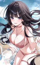 1girl absurdres bare_arms bare_shoulders beach bikini black_hair blue_eyes blunt_bangs breasts choker cleavage commentary cowboy_shot earrings floating_hair glint hair_ornament hairclip highres innertube jewelry large_breasts long_hair looking_at_viewer mole mole_on_breast mole_under_eye multicolored_eyes myowa navel necklace open_mouth original outdoors pink_bikini pink_choker pink_eyes sarong side-tie_bikini_bottom smile solo stomach strap_gap string_bikini swim_ring swimsuit takahashi_minami_(myowa) thigh_strap thighs two-tone_eyes very_long_hair wet