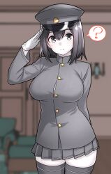 Rule 34 | 1girl, ?, absurdres, akitsu maru (kancolle), black eyes, black hair, breasts, buttons, closed mouth, commentary request, furaggu (frag 0416), gloves, grey hat, grey jacket, grey skirt, hair between eyes, hat, highres, indoors, jacket, kantai collection, large breasts, long sleeves, looking at viewer, military uniform, peaked cap, pleated skirt, salute, short hair, skirt, solo, spoken question mark, standing, white gloves